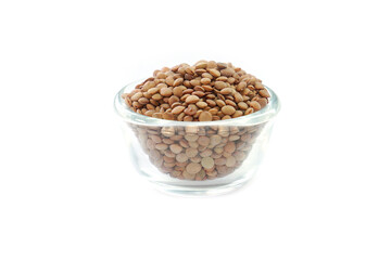 Vicia lens or Lens culinaris (Lens culinaris). Lentils brown, contains protein and soluble fiber, is a source of vitamin B.in a bowl on a white background.