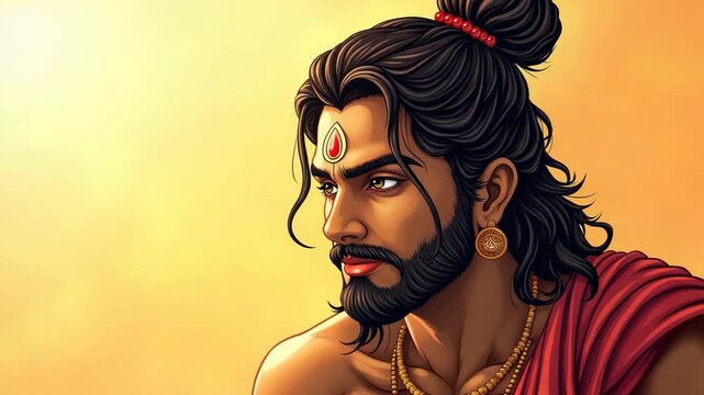  lord rama portrait. Digital  a majestic ancient Indian warrior with traditional jewelry and markings. The character displays strength and wisdom, depicted in detailed vibrant colors.
