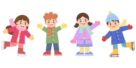 Illustration of a set of children wearing winter clothes