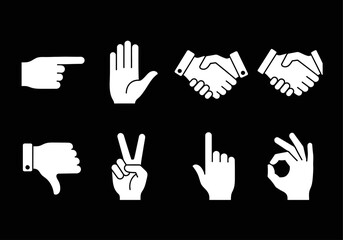 Fototapeta premium Hand Gestures: A collection of minimalist white hand icons, each conveying a distinct message, from agreement to dissent, set against a stark backdrop