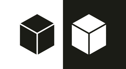 Black and White Cube Icons: Two symmetrical cube icons, one black against a white backdrop and the other white against black, are centered. These simple shapes provide a modern design.