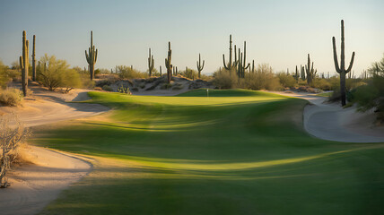 Scenic Desert Golf Course with Saguaros and Rolling Green Fairway, a Serene Southwestern Landscape