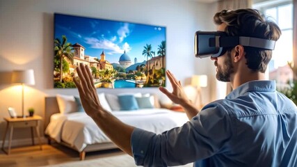 Man using VR headset in modern bedroom. - Powered by Adobe