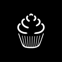 Outline icon of a cupcake, white lines, representing sweet dessert and celebration on a black background with copy space