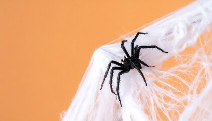 A Spooky Black Spider on White Cobwebs Against an Orange Background.