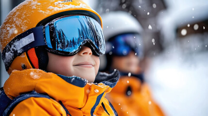 children skiing at snowy ski resort with Christmas decorations on buildings enjoying family winter holiday vacation