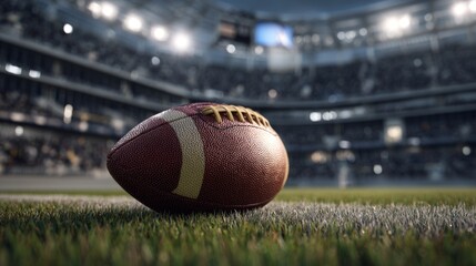 An eye-level shot of an American football resting on the green grass of a stadium during a game. A spotlight falls on the ball and stadium background.