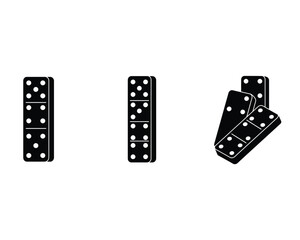 Three black dominoes with white dots arranged vertically and in a cluster against a white background in a simple graphic style