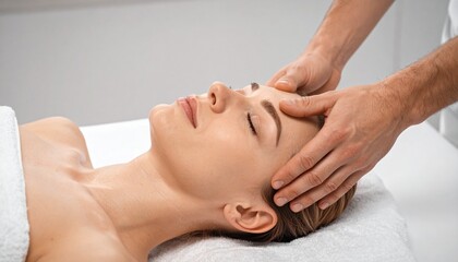 Primer plano manos de masajista realizando un masaje de cabeza a un cliente. Salud, bienestar, relax