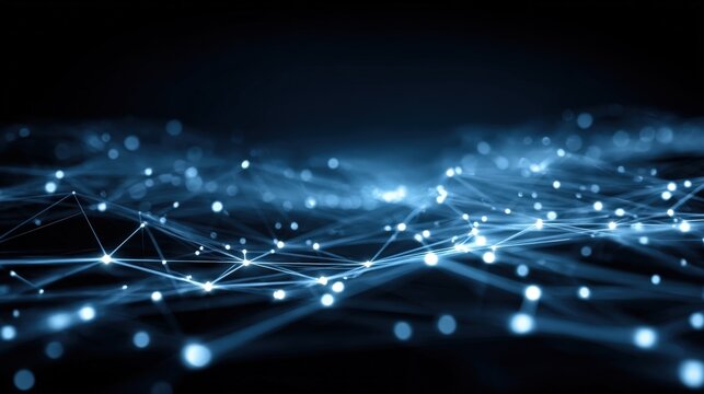 Abstract Digital Network Connection with Blue Glowing Nodes and Lines, Representing Data Flow and Interconnectivity