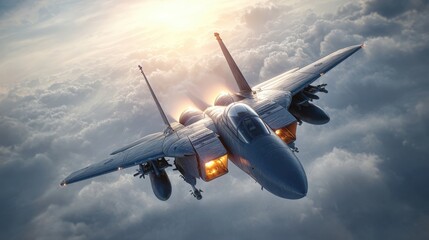 Fighter Jet Soaring Through Cloudy Skies: Powerful Military Aircraft in Flight Against Dramatic Backdrop