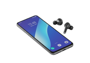 Sleek smartphone with vibrant AMOLED display and minimalist UI, alongside a premium wireless earbud, isolated in a bright studio on transparent, concept of modern technology