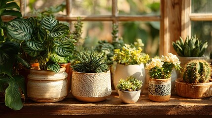 Fototapeta premium Various potted plants sit on a windowsill with natural light background.