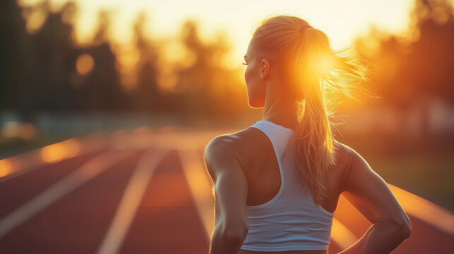  Athletic woman running on a track at sunrise, determination on her face, motivational health concept