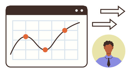 Growth trend chart in browser window, arrows indicating progress, professional avatar. Ideal for analytics, strategy, business development, finance, teamwork decision-making career growth. Simple