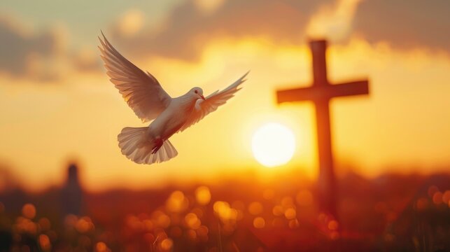 White dove flying at sunset with cross in background