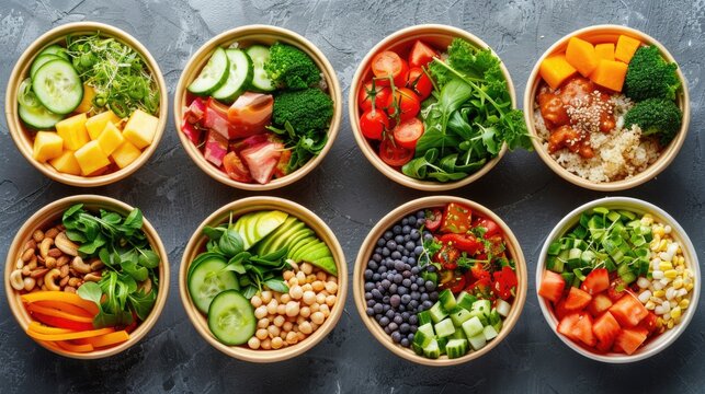 Healthy meal prep bowls with fruit, vegetables, and grains