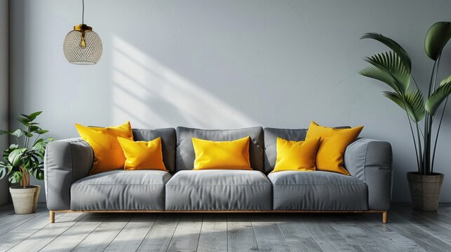 Grey sofa with yellow pillows in modern living room