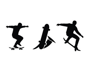 Dynamic silhouettes of skateboarders performing tricks and a skateboard in motion against a white background