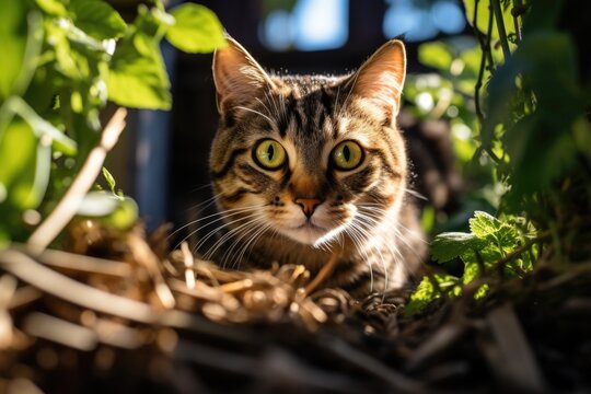 Curious Cute Tabby Cat Peeking Through Garden Leaves on a Sunny Day