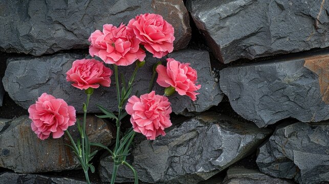 Pink carnations on grey stone
