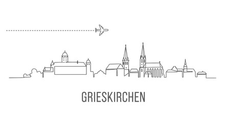 Fototapeta premium Grieskirchen Austria skyline with airplane, and line art.