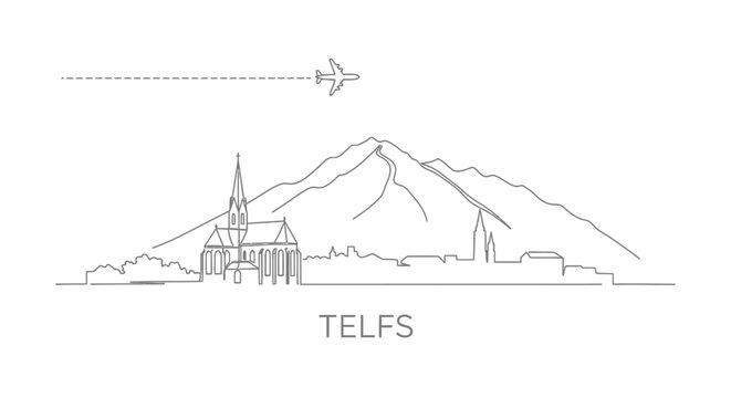 Telfs with Austria Skyline Minimalist Line Art.