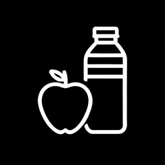 Outline icon of an apple and a bottle, white lines, representing healthy nutrition and hydration on a black background with copy space