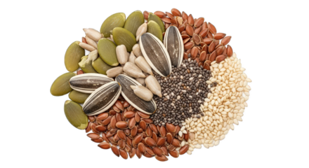 Mix of various seeds isolated on transparent background, including pumpkin, sunflower, flax seeds