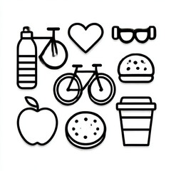 Outline icons of various lifestyle elements, black and white, representing daily choices and well-being with copy space