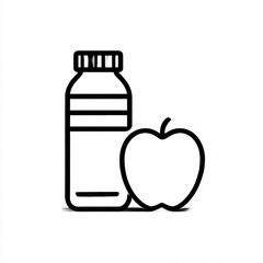 Outline icon of an apple and a bottle, black and white, representing healthy drinks and nutrition with copy space
