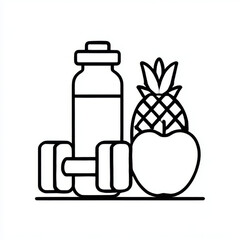 Outline icon of an apple, pineapple, dumbbell, and a bottle, black and white, representing comprehensive fitness and nutrition with copy space