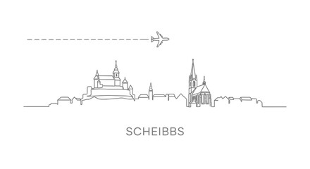 Fototapeta premium Scheibbs Line Art with Airplane, and Cityscape.