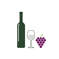 A bottle of wine and a glass accompanied by a cluster of purple grapes on a white background depicting a wine and grape concept for culinary and beverage use.