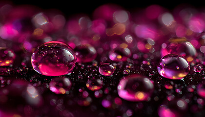 Vibrant water droplets, pink hues, dark background. Captivating macro photography, beautiful liquid textures, sparkling reflections