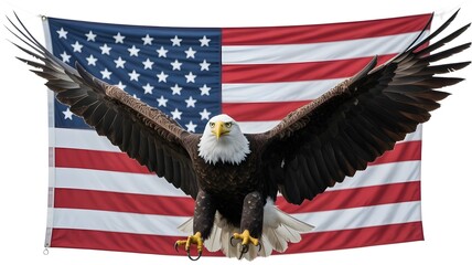 Naklejka premium Bald eagle flying with american flag isolated on white background