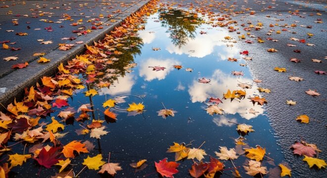 Autumn leaves reflected in a puddle on a wet street
