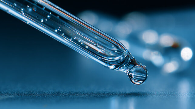 macro closeup of pipette with water drop on blue background