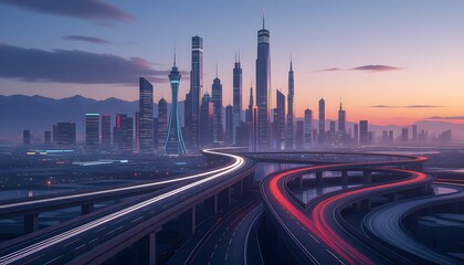 Futuristic City Skyline with Highway at Sunset
