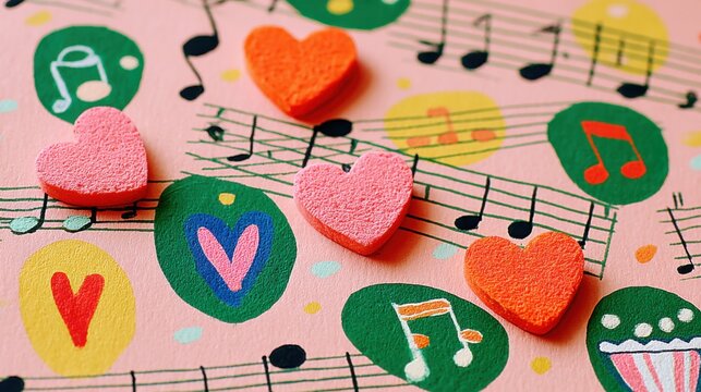 Colorful Hearts and Musical Notes on a Vibrant Background, Blending Romance and Melody for a Whimsical Artistic Display