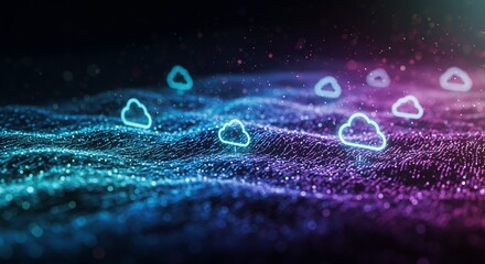 Abstract art with neon clouds over a glittering surface