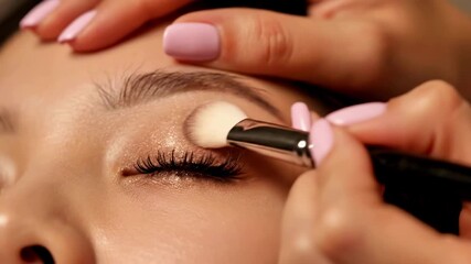 Closeup eye makeup application with shimmer eyeshadow and brush technique