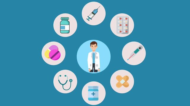 Animated doctor surrounded by medical icons including pills, syringe, stethoscope, and medicine, perfect for healthcare explainer videos, telemedicine, and health education visuals.