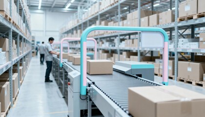 Obraz premium Automated Conveyor System in Modern Distribution Warehouse Streamlining Order Fulfillment and Logistics Operations for Efficiency