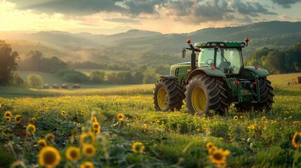 Fototapeta premium Harvesting machine working in a field, Farmer preparing land with seedbed cultivator, Tractor cultivating field at spring.