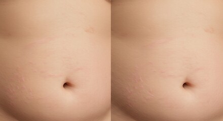 Closeup of a lightskinned abdomen with a navel and pink stretch marks