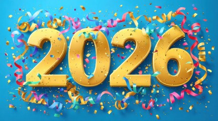 A Vibrant Celebration of 2026 with Colorful Confetti and Festive Streamers Against a Bright Blue Background, Signifying a New Year Full of Opportunities.