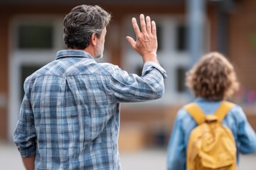 A man in a blue plaid shirt waves goodbye to a child with a yellow backpack walking away towards a school building.