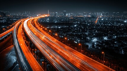 Obraz premium Elevated highway with blurred light trails at night in an urban setting.