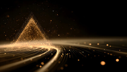 Abstract Marketing Background: Golden Particle Wave with Central Triangle. Dynamic Road Perspective and Cascading Luminous Elements on Dark Canvas